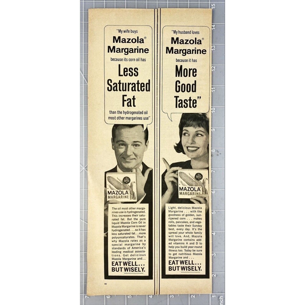 Mazola Margarine (Double Ad) Less Saturated Fat - More Good Taste Print Ad 1963